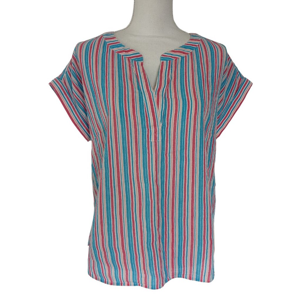Talbots Women's Multicolor Striped Short Sleeve Shirt Blouse Size Medium Petite